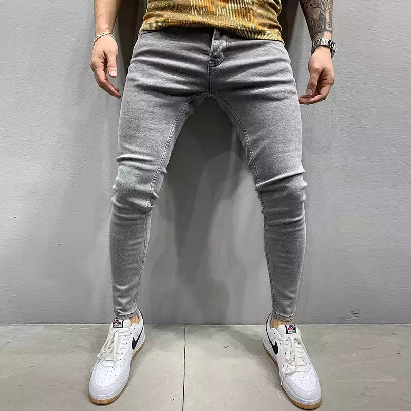Cinza cor pura jeans homens cintura elástica calças de brim magros 2021 estiramento sem rasgado calças streetwear preto dos homens denim