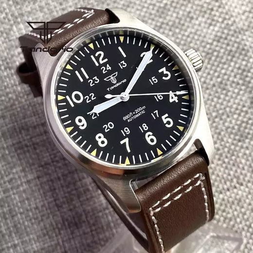 Relógios piloto de mergulho automático Tandorio para homens, vidro safira, mostrador luminoso verde, pulseira de couro, coroa de parafuso, NH35A, 20Bar, 39mm