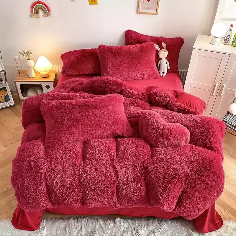 Conjunto de cama luxuoso preto macio, capa de edredão Shaggy, 2 fronhas, zíper, veludo macio, 3pcs