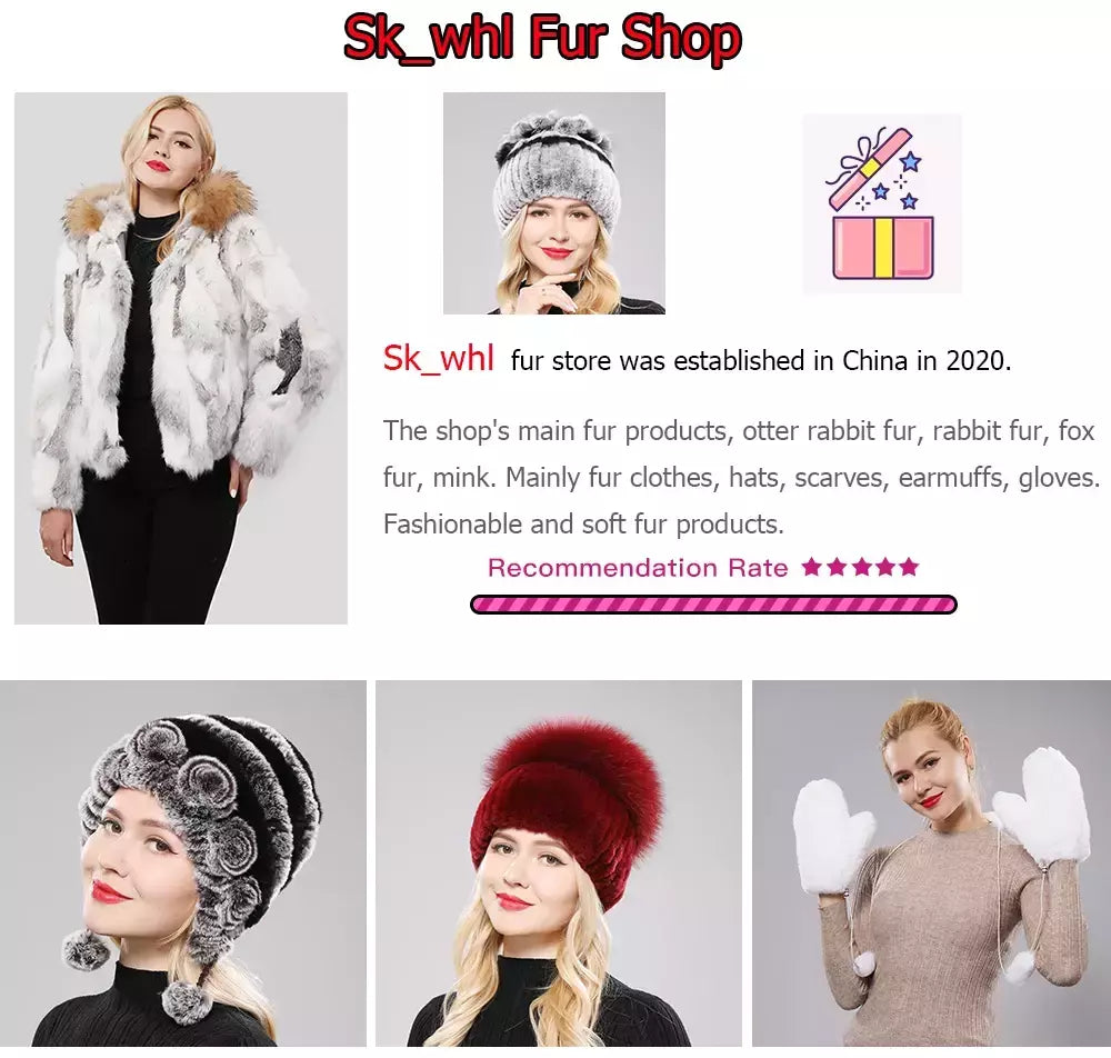 Real Genuine Fox Fur Gorros Chapéu para Mulheres, Pele de Coelho Rex Natural Boné de Caveira, Chapéus de malha para meninas, inverno, estilo russo, novo