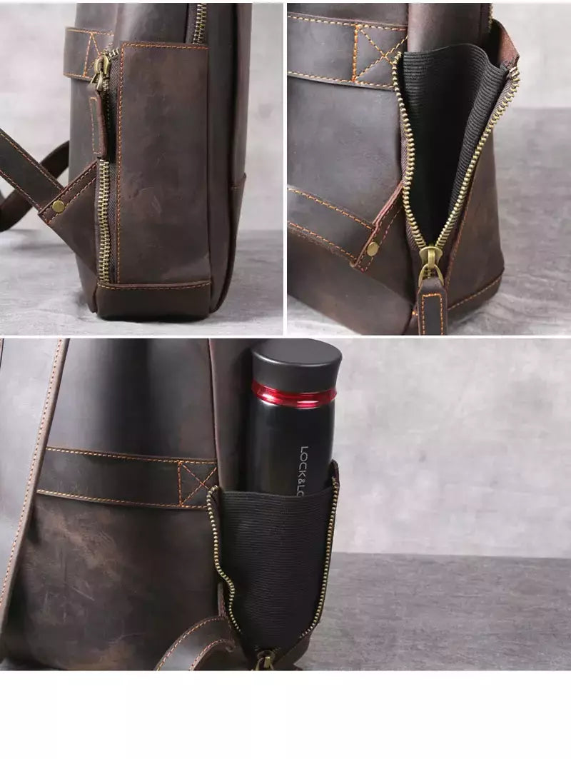 Mochila de couro genuíno para homens, cavalo louco vintage mochila para laptop grande mochila diária mochila de viagem mochila para caminhadas