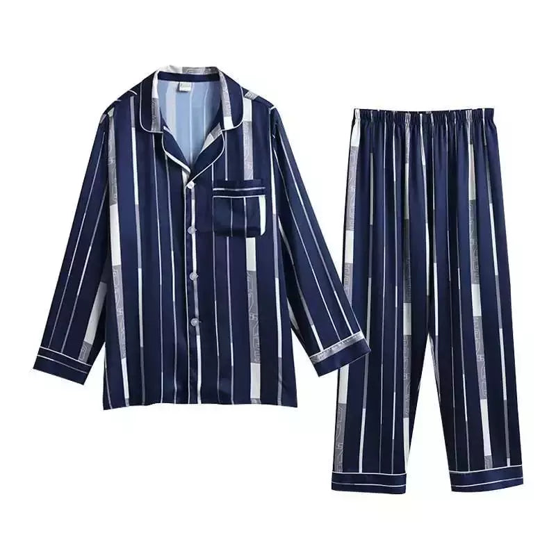 Conjuntos de pijama masculino de cetim de seda manga comprida, pijamas masculinos, camisola estampada, Casa, Soft Cozy Sleepwear Calças, Novo