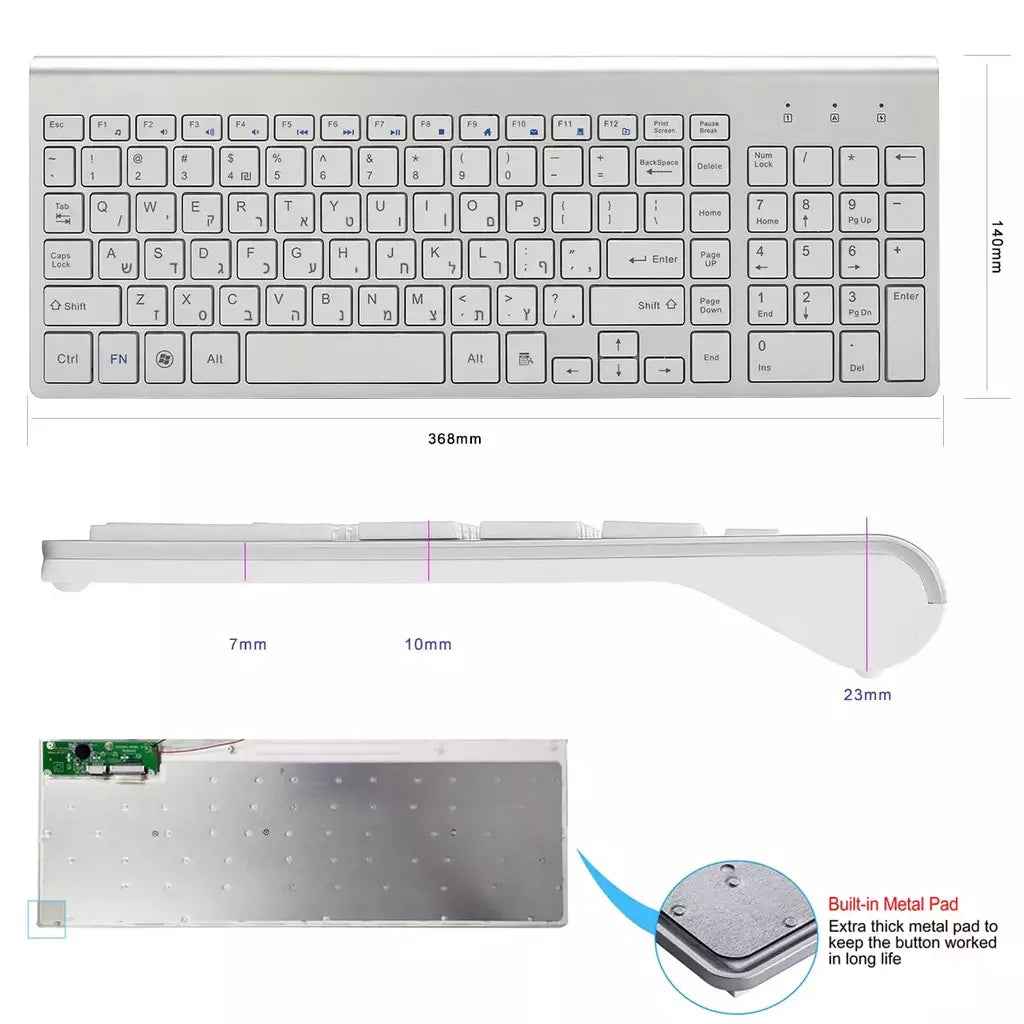Hebraico baixo nível de ruído 101 teclas teclado sem fio 2.4g fino e compacto teclado sem fio para computador portátil windows pc desktop smart tv