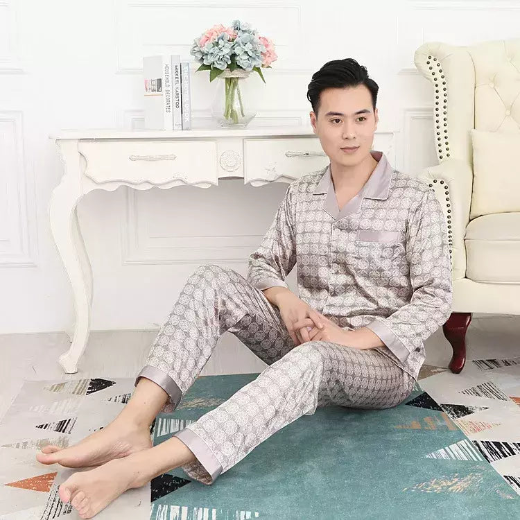 Conjuntos de pijama masculino de cetim de seda manga comprida, pijamas masculinos, camisola estampada, Casa, Soft Cozy Sleepwear Calças, Novo