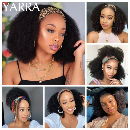 Afro kinky encaracolado cabelo humano bandana perucas para preto feminino 180% densidade cabelo humano brasileiro remy máquina completa feita cabelo yara