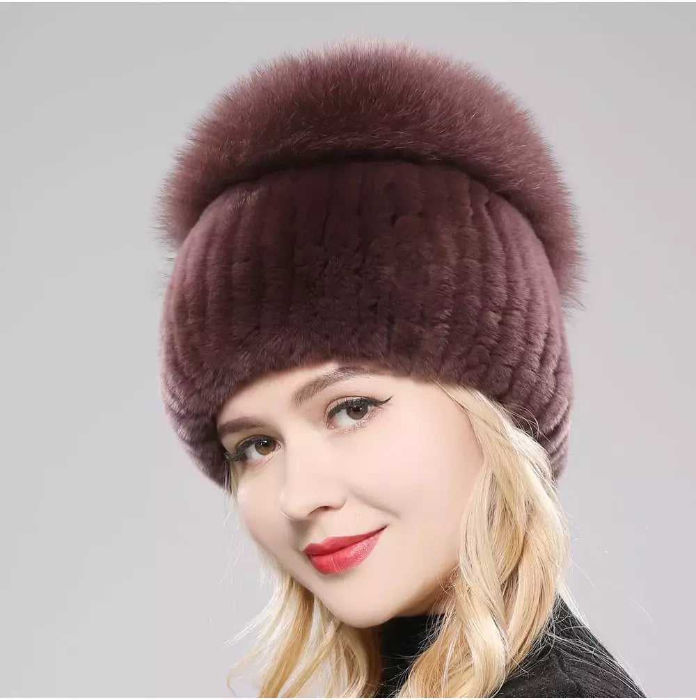Real Genuine Fox Fur Gorros Chapéu para Mulheres, Pele de Coelho Rex Natural Boné de Caveira, Chapéus de malha para meninas, inverno, estilo russo, novo