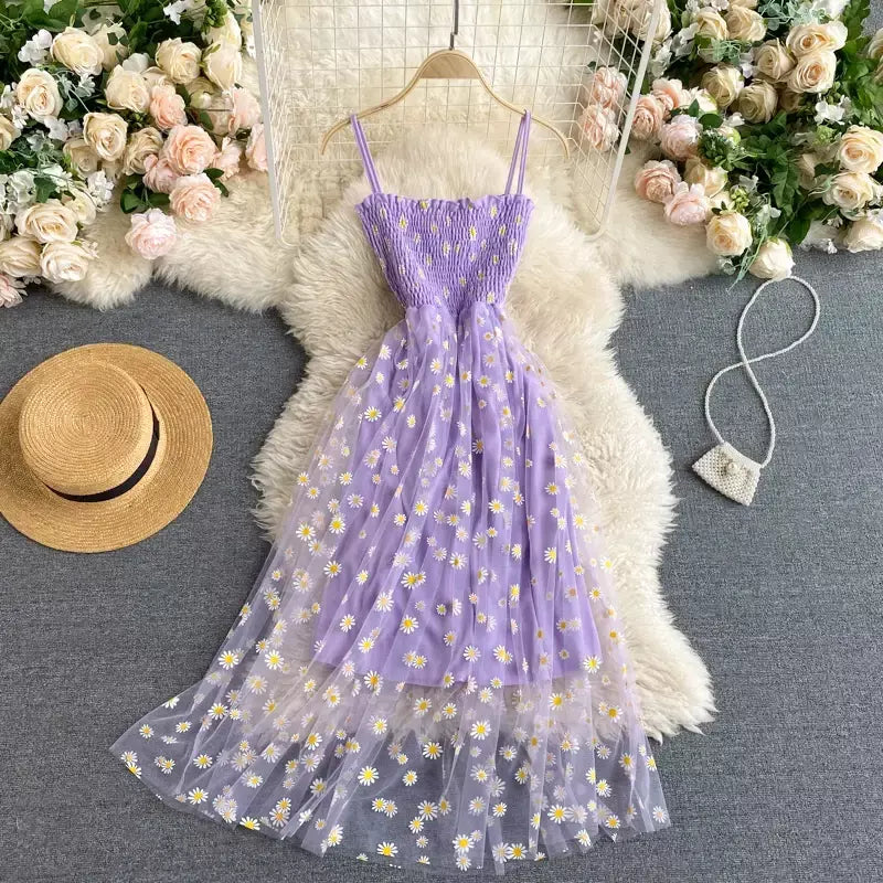 Yuoomuoo moda coreana margarida flor impressão malha vestido de festa verão duas camadas cinta espaguete férias midi vestido praia vestidos