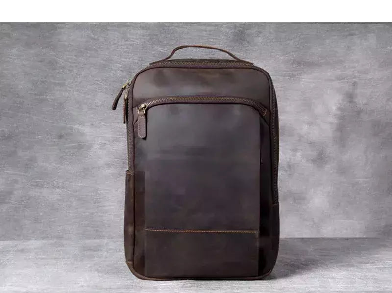 Mochila de couro genuíno para homens, cavalo louco vintage mochila para laptop grande mochila diária mochila de viagem mochila para caminhadas