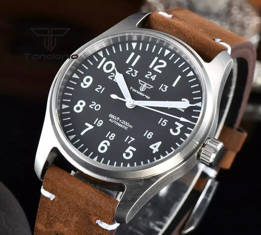 Relógios piloto de mergulho automático Tandorio para homens, vidro safira, mostrador luminoso verde, pulseira de couro, coroa de parafuso, NH35A, 20Bar, 39mm