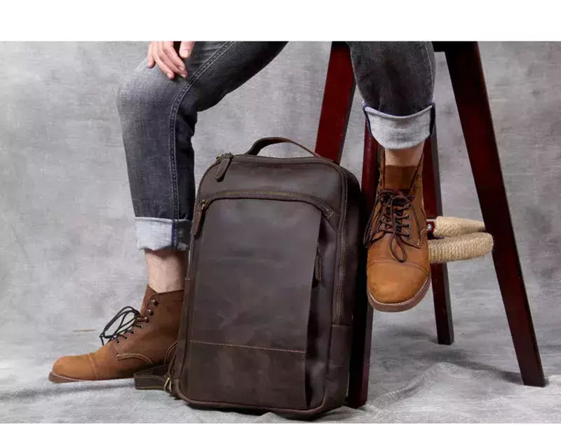 Mochila de couro genuíno para homens, cavalo louco vintage mochila para laptop grande mochila diária mochila de viagem mochila para caminhadas