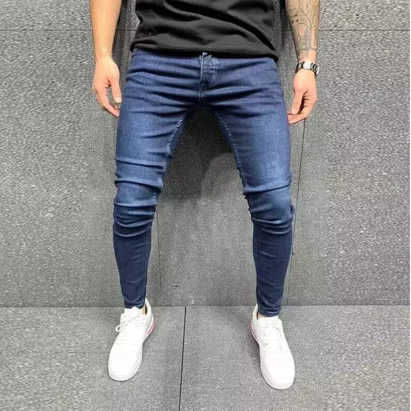 Cinza cor pura jeans homens cintura elástica calças de brim magros 2021 estiramento sem rasgado calças streetwear preto dos homens denim