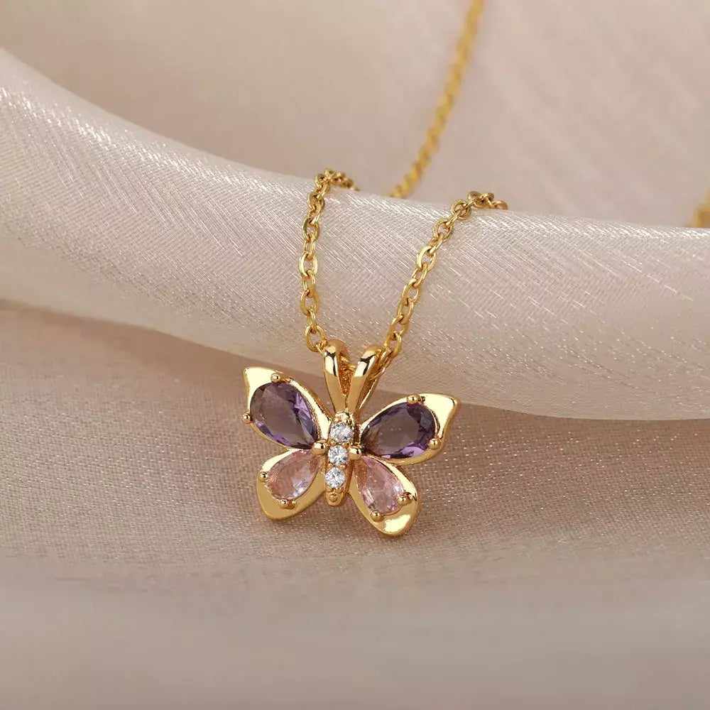 Zircão borboleta pingente colar para mulheres cor de ouro colares de aço inoxidável casal jóias estéticas freeshipping itens bff