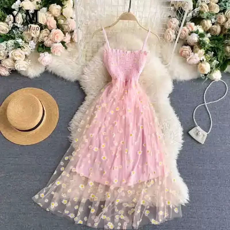 Yuoomuoo moda coreana margarida flor impressão malha vestido de festa verão duas camadas cinta espaguete férias midi vestido praia vestidos