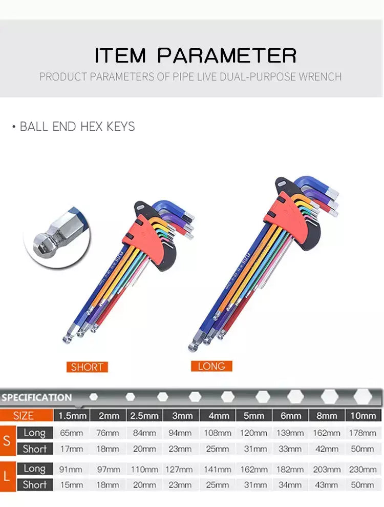 Conjunto de chave allen l kit de chave para parafuso allen 9pcs braço longo conjunto de chaves hex 1.5mm a 10mm hexágono chave ferramentas manuais para reparação de bicicletas