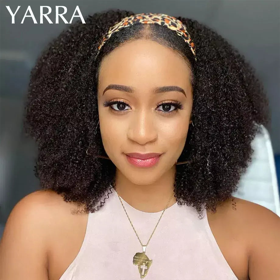 Afro kinky encaracolado cabelo humano bandana perucas para preto feminino 180% densidade cabelo humano brasileiro remy máquina completa feita cabelo yara