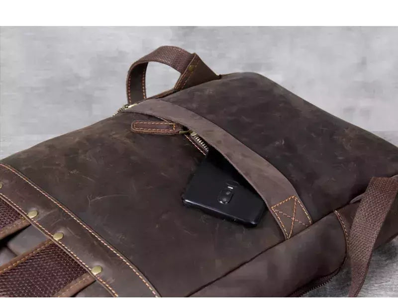 Mochila de couro genuíno para homens, cavalo louco vintage mochila para laptop grande mochila diária mochila de viagem mochila para caminhadas