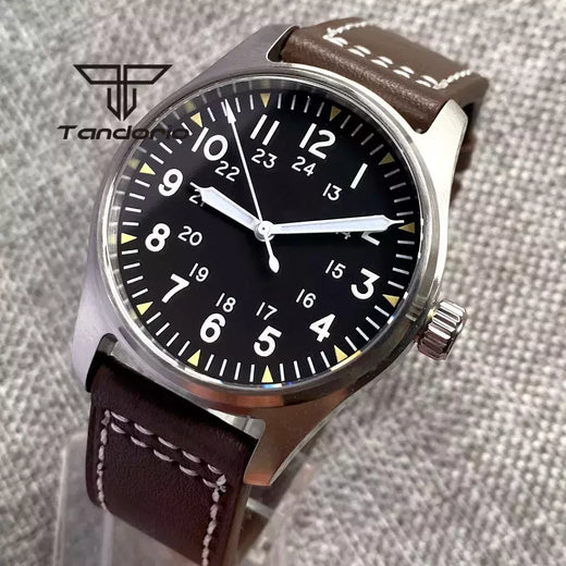 Relógios piloto de mergulho automático Tandorio para homens, vidro safira, mostrador luminoso verde, pulseira de couro, coroa de parafuso, NH35A, 20Bar, 39mm