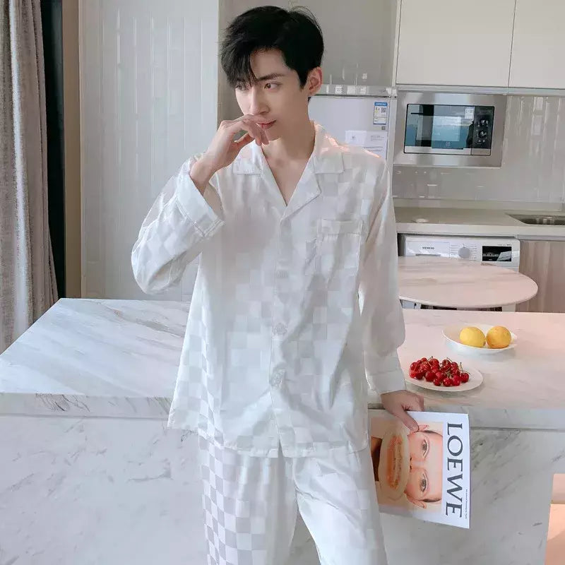 Conjuntos de pijama masculino de cetim de seda manga comprida, pijamas masculinos, camisola estampada, Casa, Soft Cozy Sleepwear Calças, Novo