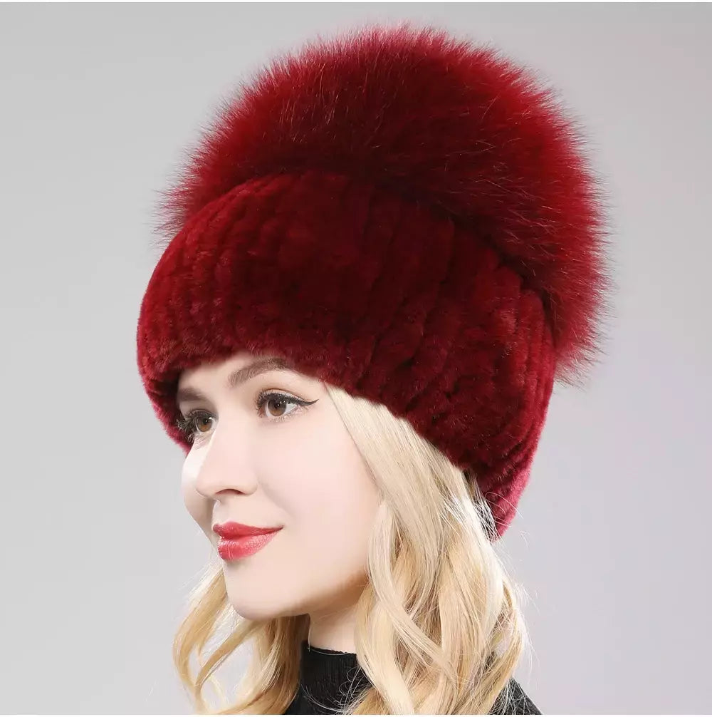 Real Genuine Fox Fur Gorros Chapéu para Mulheres, Pele de Coelho Rex Natural Boné de Caveira, Chapéus de malha para meninas, inverno, estilo russo, novo