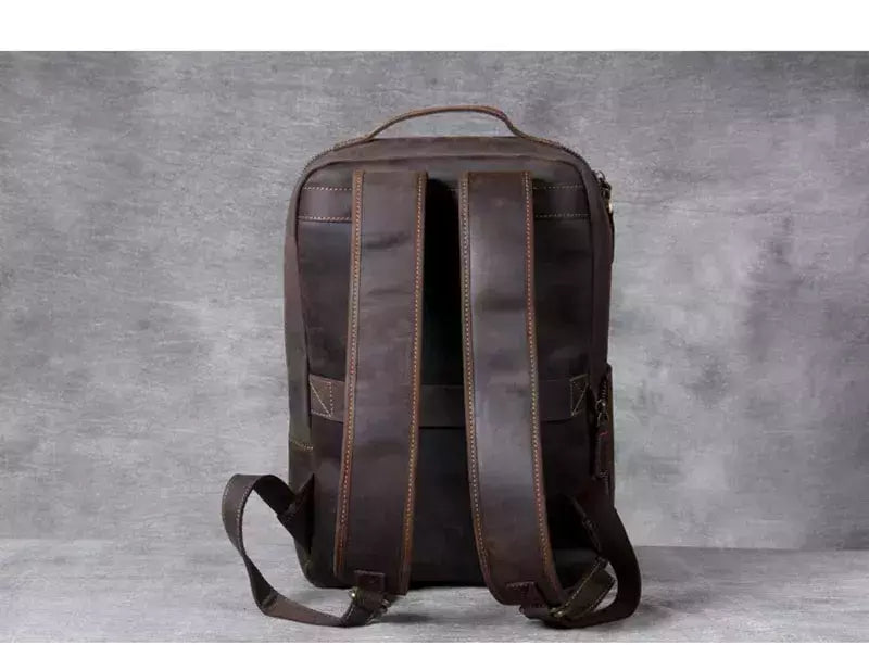 Mochila de couro genuíno para homens, cavalo louco vintage mochila para laptop grande mochila diária mochila de viagem mochila para caminhadas