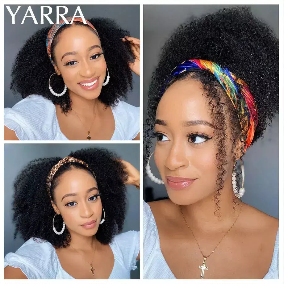 Afro kinky encaracolado cabelo humano bandana perucas para preto feminino 180% densidade cabelo humano brasileiro remy máquina completa feita cabelo yara