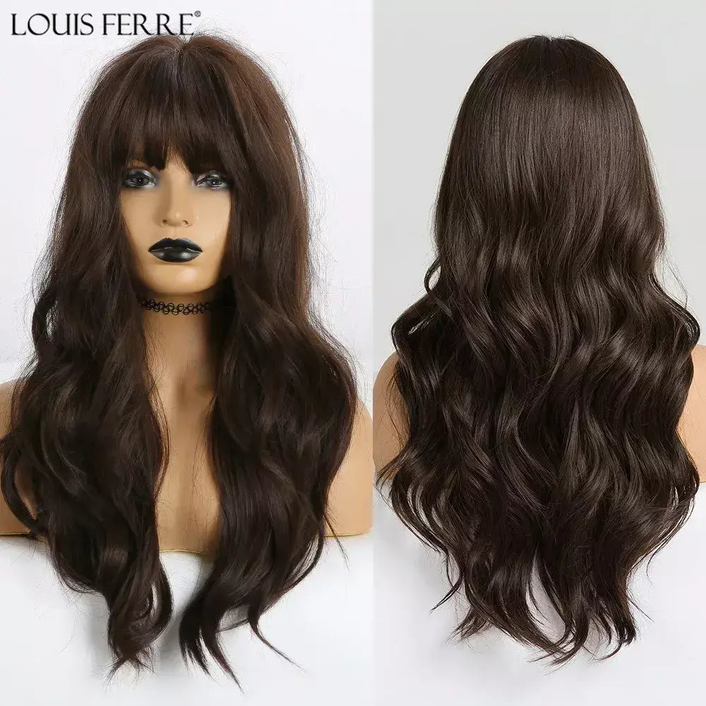 Louis ferre longo ombre loira perucas sintéticas com franja para mulheres onda natural penteado fibra resistente ao calor cosplay perucas marrons