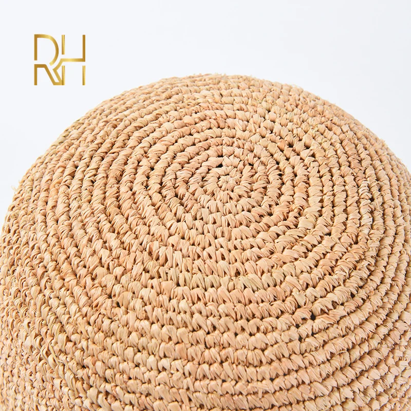 Natural Raffia Straw Bucket Hat para senhoras, crochê artesanal, Floppy Fisherman Caps, primavera, verão, praia