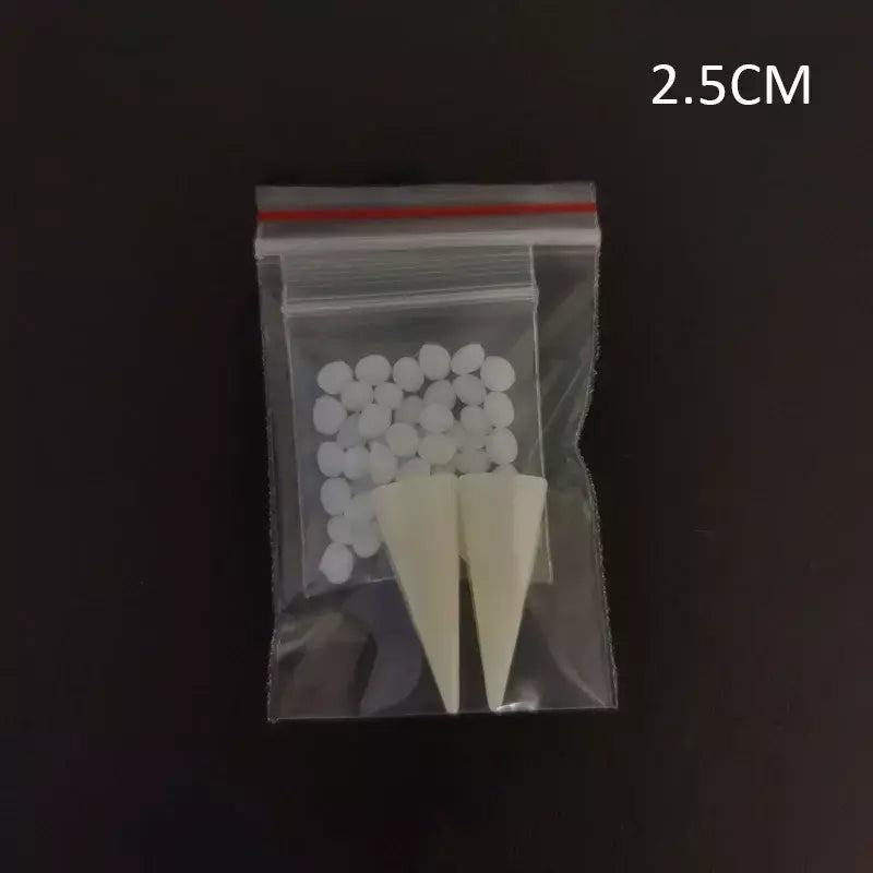 1 par de dentes de vampiro, presas, adereços para dentaduras, fantasia de halloween, dentes falsos, cola sólida, adesivo para dentadura, decoração de festa de halloween