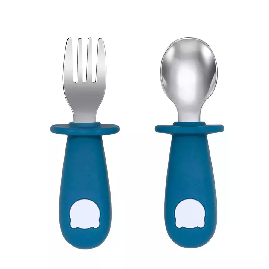 Bebê alimentação sólida colher e garfo conjunto, sem BPA, alça de silicone, urso dos desenhos animados, utensílio inoxidável, talheres infantis, novo design