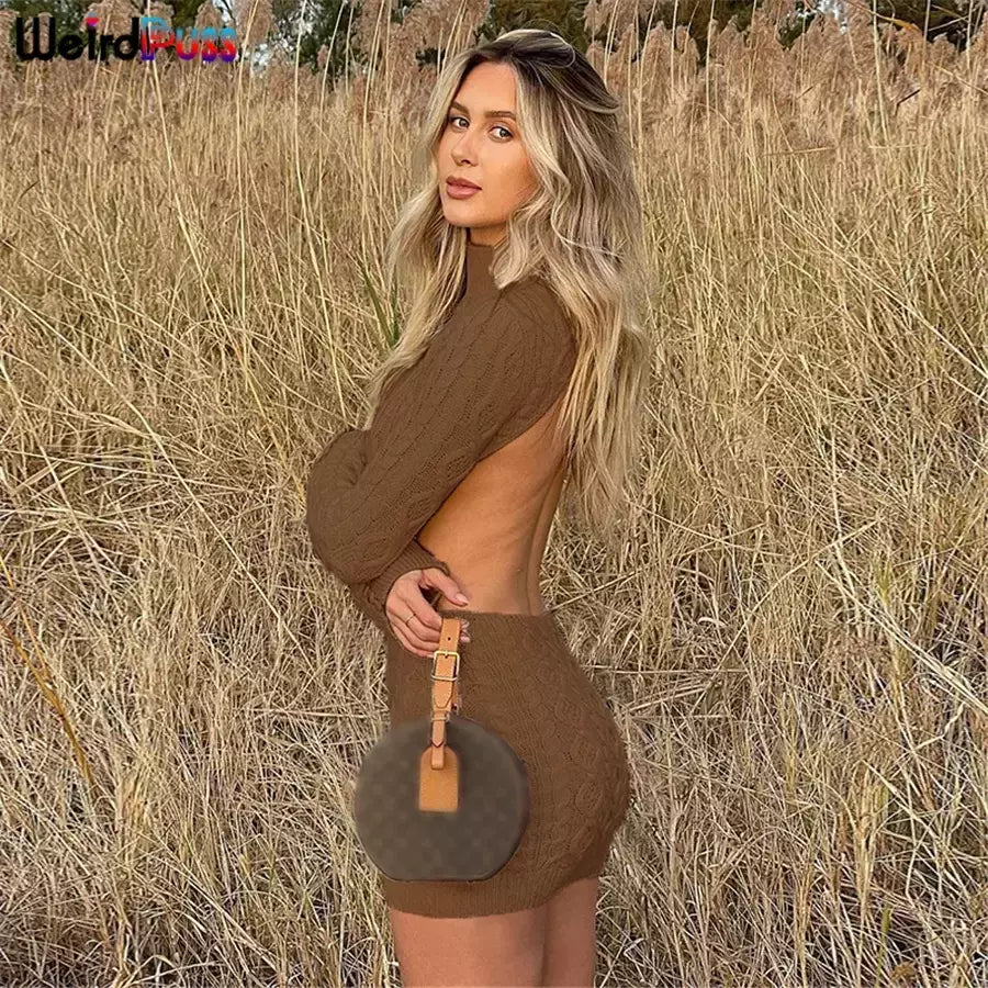 Weird Puss-Mini Vestidos de Gola Alta Elástica Feminina, Tricô Chique, Sem Costas, Manga Comprida, Soft Bodycon, Streetwear, Sexy, Outono