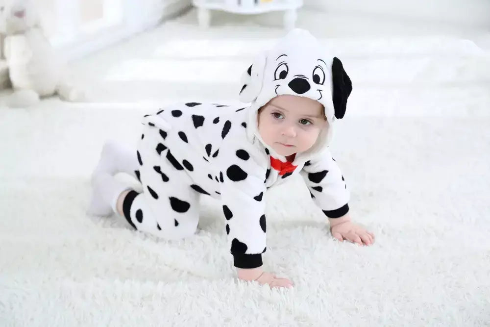 Umorden bebê dálmatas manchado cão traje kigurumi dos desenhos animados animal macacão infantil da criança macacão flanela halloween fantasia vestido