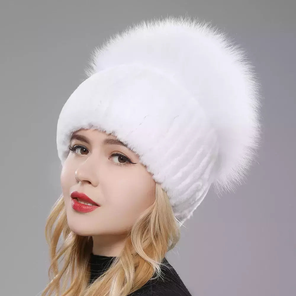 Real Genuine Fox Fur Gorros Chapéu para Mulheres, Pele de Coelho Rex Natural Boné de Caveira, Chapéus de malha para meninas, inverno, estilo russo, novo