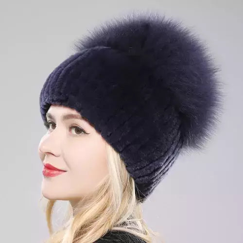 Real Genuine Fox Fur Gorros Chapéu para Mulheres, Pele de Coelho Rex Natural Boné de Caveira, Chapéus de malha para meninas, inverno, estilo russo, novo
