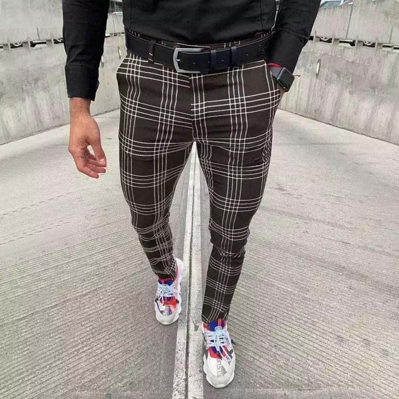 Calça xadrez casual masculina, calça stretch social, cintura média, magro, escritório de negócios, trabalhando, festa, terno masculino, outono, verão