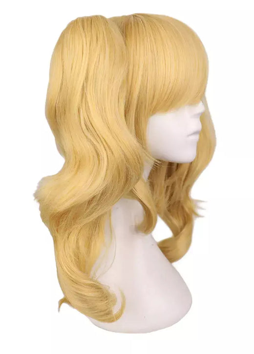 Suq-cosplay peruca longa e ondulada, loiro misto, com 2 rabos de cavalo, cabelo sintético