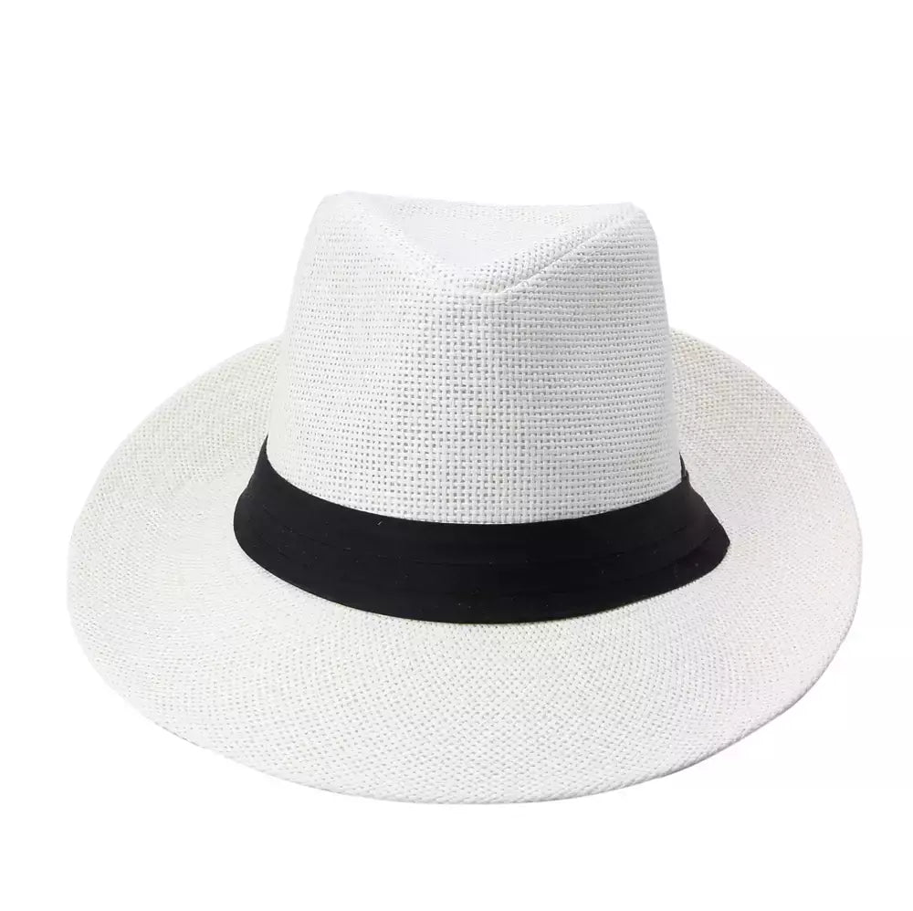 Chapéu de sol Trilby Jazz unissexo, aba grande, fita preta, chapéu Panamá palha de papel, boné casual feminino e masculino, moda quente, verão