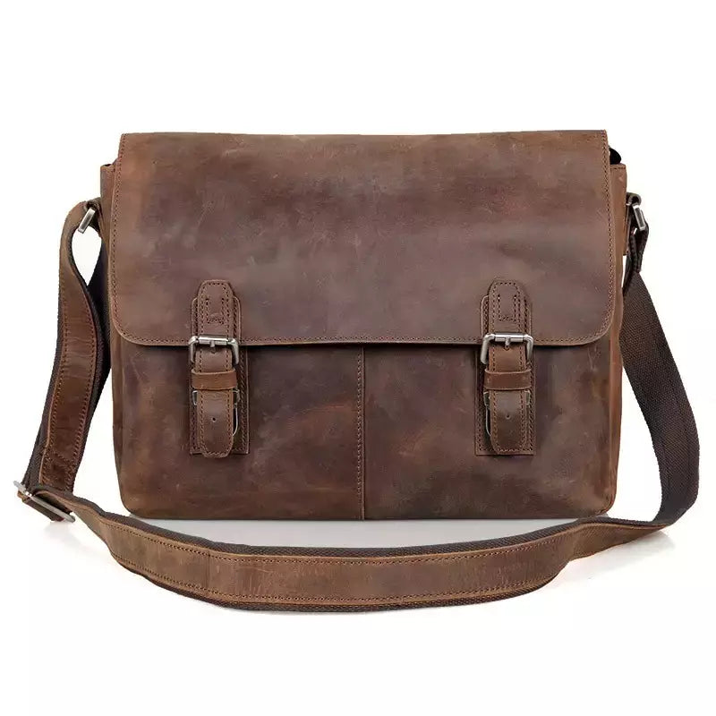 Saco do mensageiro do couro genuíno dos homens do vintage do couro do cavalo louco bolsa de ombro dos homens crossbody saco sling lazer ocasional marrom