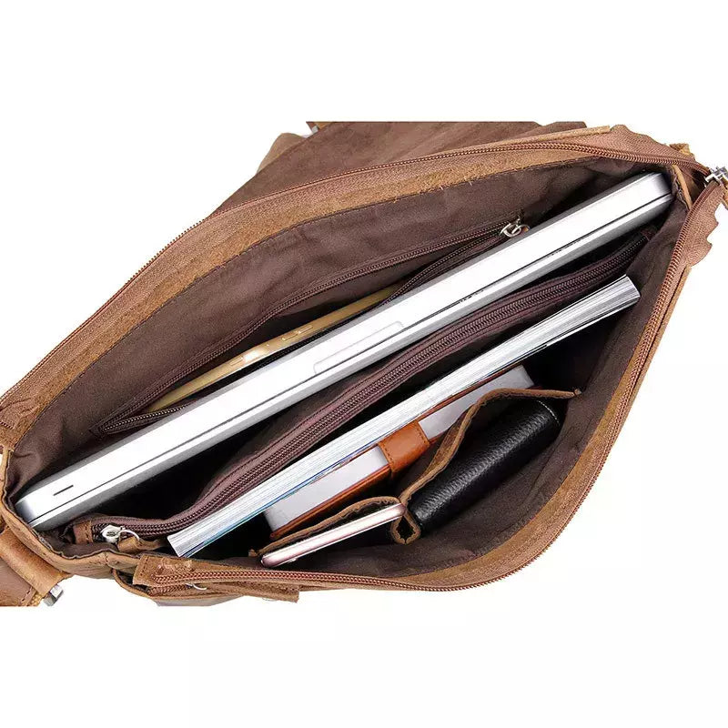 Saco do mensageiro do couro genuíno dos homens do vintage do couro do cavalo louco bolsa de ombro dos homens crossbody saco sling lazer ocasional marrom