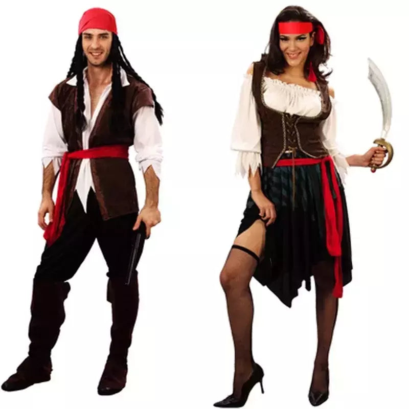 Trajes de pirata para mulheres homens adultos halloween masculino capitão jack sparrow traje piratas do caribe cosplay conjunto de roupas
