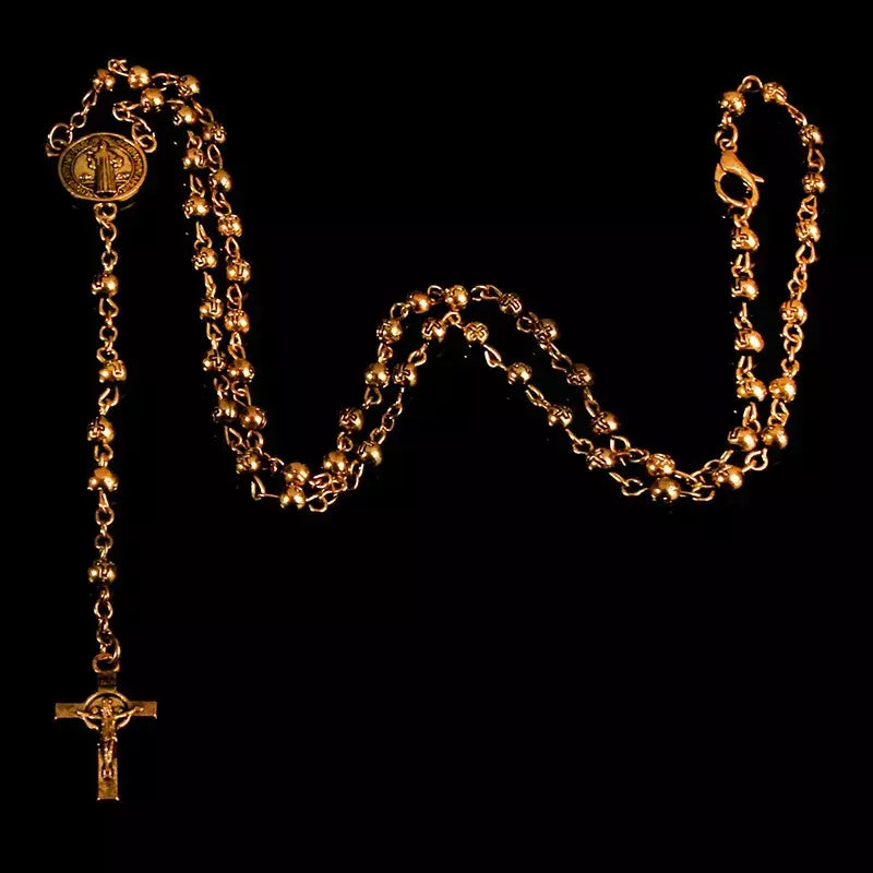 Contas de rosário de aço inoxidável colar de contas de 4 mm, colar de rosário pequeno, colar de joias femininas colar de cruz de Jesus.