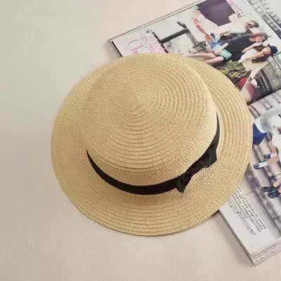 COKK-Chapéu Panamá de praia simples feminino, casual, aba plana, laço, boné de palha, chapéu de sol feminino, verão