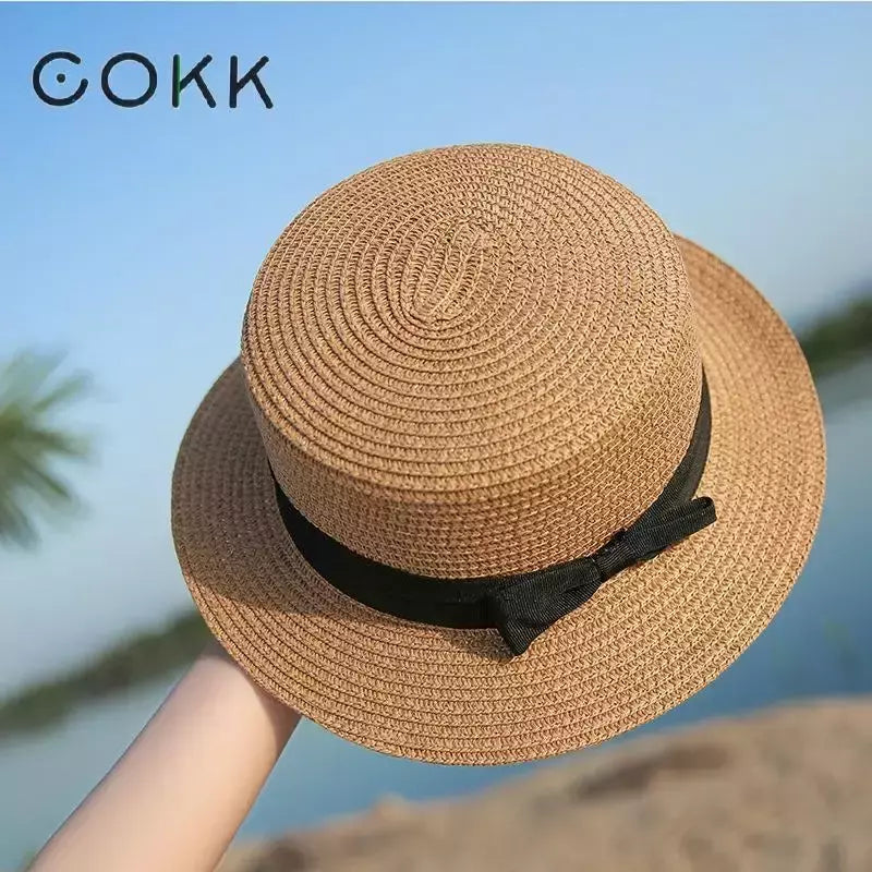 COKK-Chapéu Panamá de praia simples feminino, casual, aba plana, laço, boné de palha, chapéu de sol feminino, verão