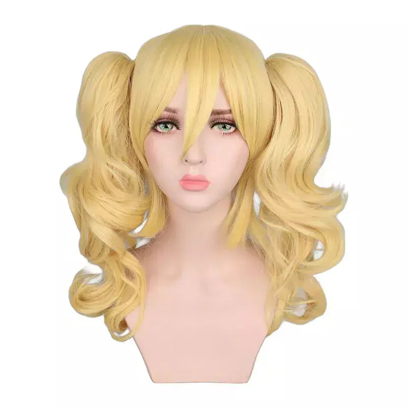 Longo ondulado cosplay misto loira peruca traje 2 rabos de cavalo resistente ao calor perucas de cabelo sintético