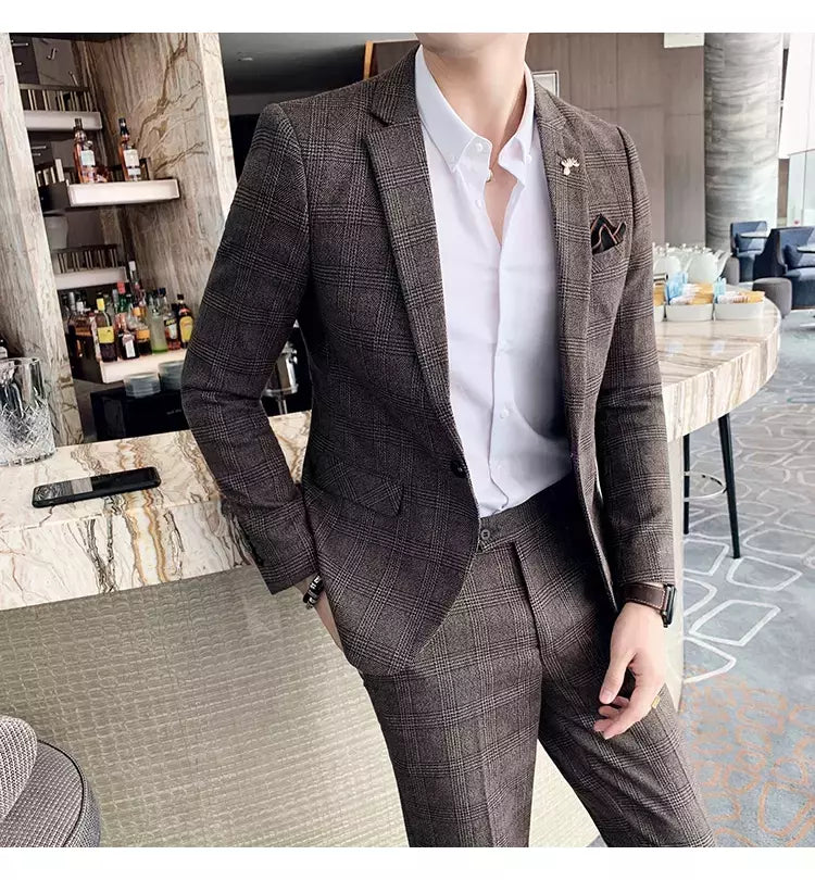 (Blazer + calças) high-end marca formal negócios xadrez terno dos homens noivo vestido de casamento cor sólida palco desempenho smoking S-7XL