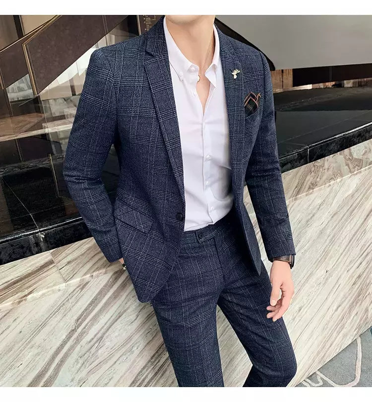 (Blazer + calças) high-end marca formal negócios xadrez terno dos homens noivo vestido de casamento cor sólida palco desempenho smoking S-7XL
