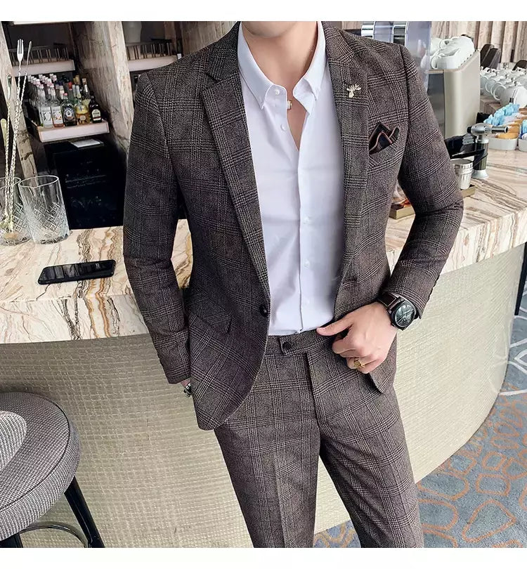 (Blazer + calças) high-end marca formal negócios xadrez terno dos homens noivo vestido de casamento cor sólida palco desempenho smoking S-7XL