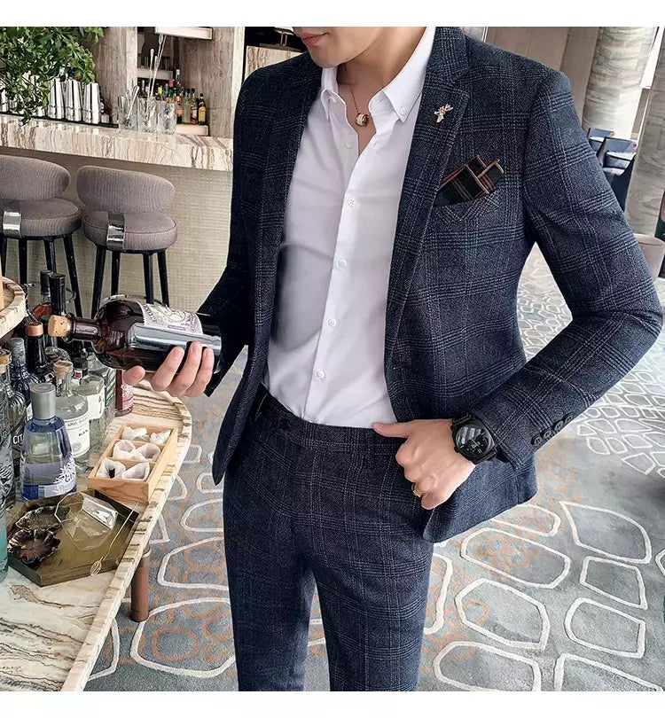 (Blazer + calças) high-end marca formal negócios xadrez terno dos homens noivo vestido de casamento cor sólida palco desempenho smoking S-7XL