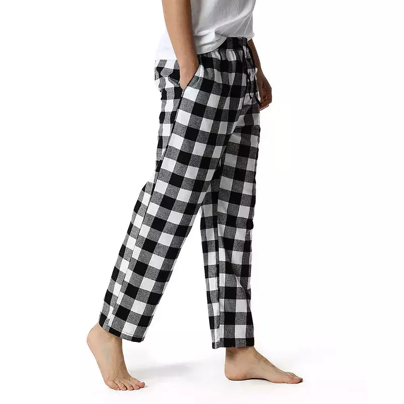 Branco preto xadrez pijama calças inferiores homens relaxando confortável macio algodão flanela casa wear respirável flanela pijama homme