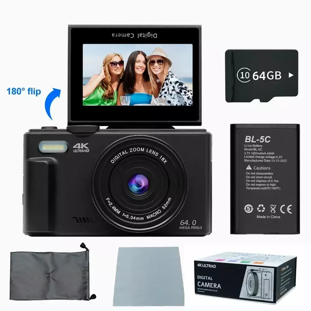 Câmera digital 4K para fotografia e câmera com zoom digital 18X Câmera compacta de vlogging de 64 MP 3 '' 180 ° Tela dobrável com flash