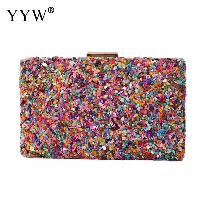Bolsa acrílica com fecho interligado para menina, bolsa do casamento, pedra multicolorida, corrente de metal, crossbody, ombro, noite, difícil